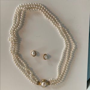 AFJ Pearl Crystal Gold Tone Necklace and Earrings